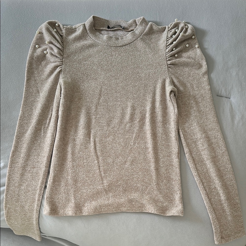 Elegant Beige Puff Sleeve Top with Pearl Accents